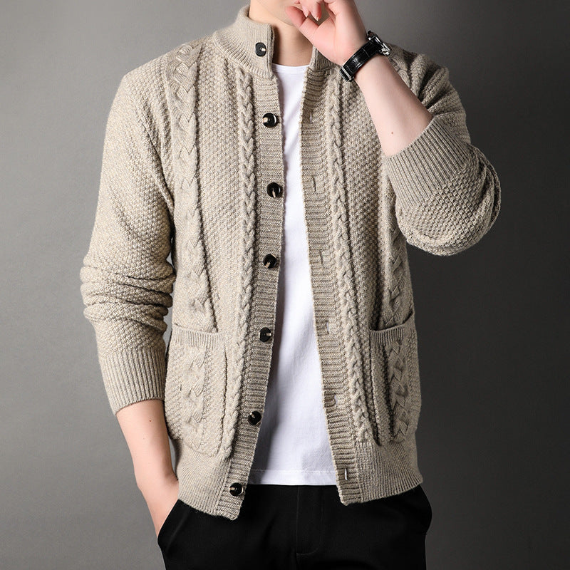 Young And Middle-aged Thick Knit Cardigan Retro Jacquard Loose-fitting Sweater Men's Sweater Coat