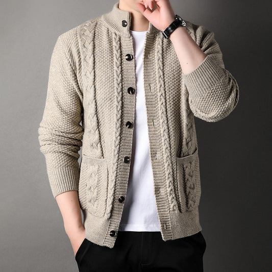 Young And Middle-aged Thick Knit Cardigan Retro Jacquard Loose-fitting Sweater Men's Sweater Coat