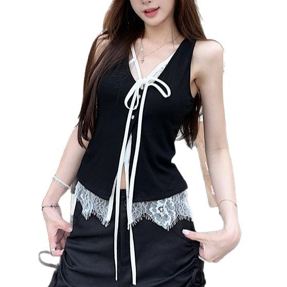 Camisole Vest Outer Wear Black Hot Girl Niche Chic Lace Fake Two-piece Sleeveless Top