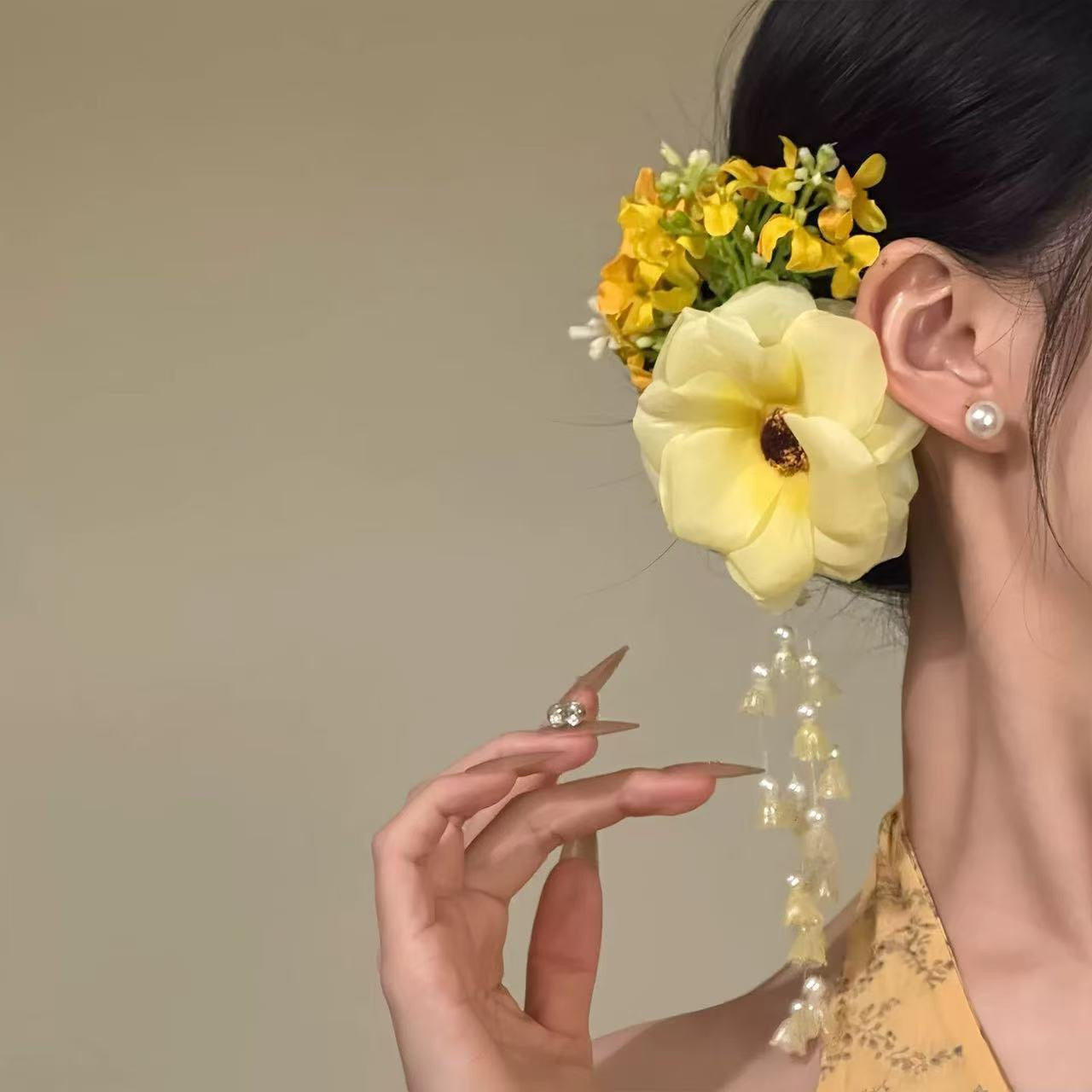 Super Fairy Pure Desire Yellow Atmosphere Pearl Linglan Tassel Side Clip Hair Accessories