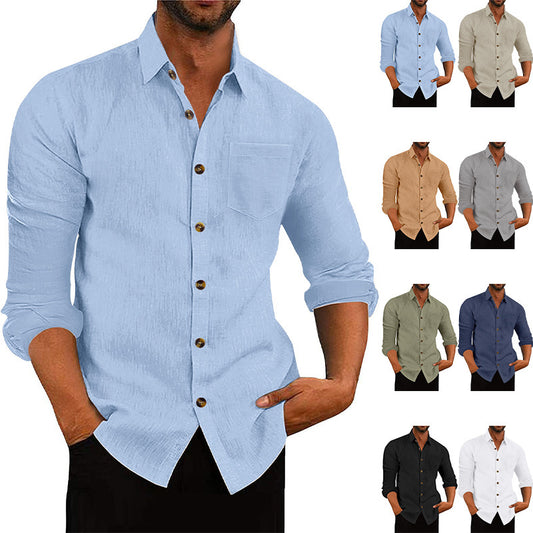 Men's Polo Collar Solid Color Long Sleeve Shirt Linen Loose Casual Cardigan