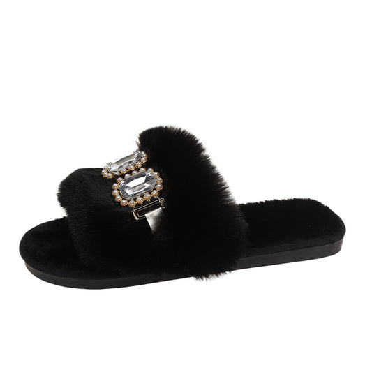 Pearl Rhinestone Chain Fluffy Slippers Women's Fashion Home Warm Flat Heel