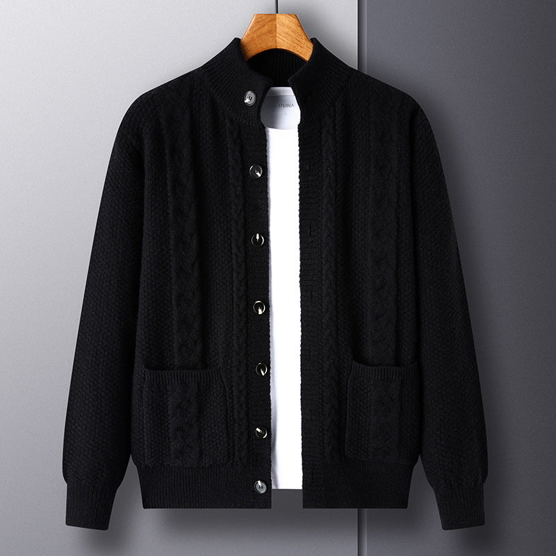 Young And Middle-aged Thick Knit Cardigan Retro Jacquard Loose-fitting Sweater Men's Sweater Coat
