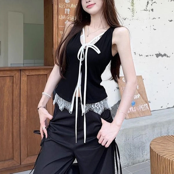 Camisole Vest Outer Wear Black Hot Girl Niche Chic Lace Fake Two-piece Sleeveless Top