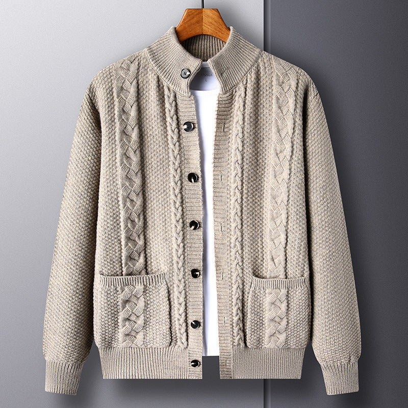 Young And Middle-aged Thick Knit Cardigan Retro Jacquard Loose-fitting Sweater Men's Sweater Coat