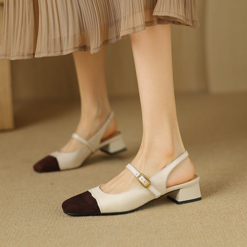 French Retro Color Matching Square Toe Back Empty Closed Toe Sandals
