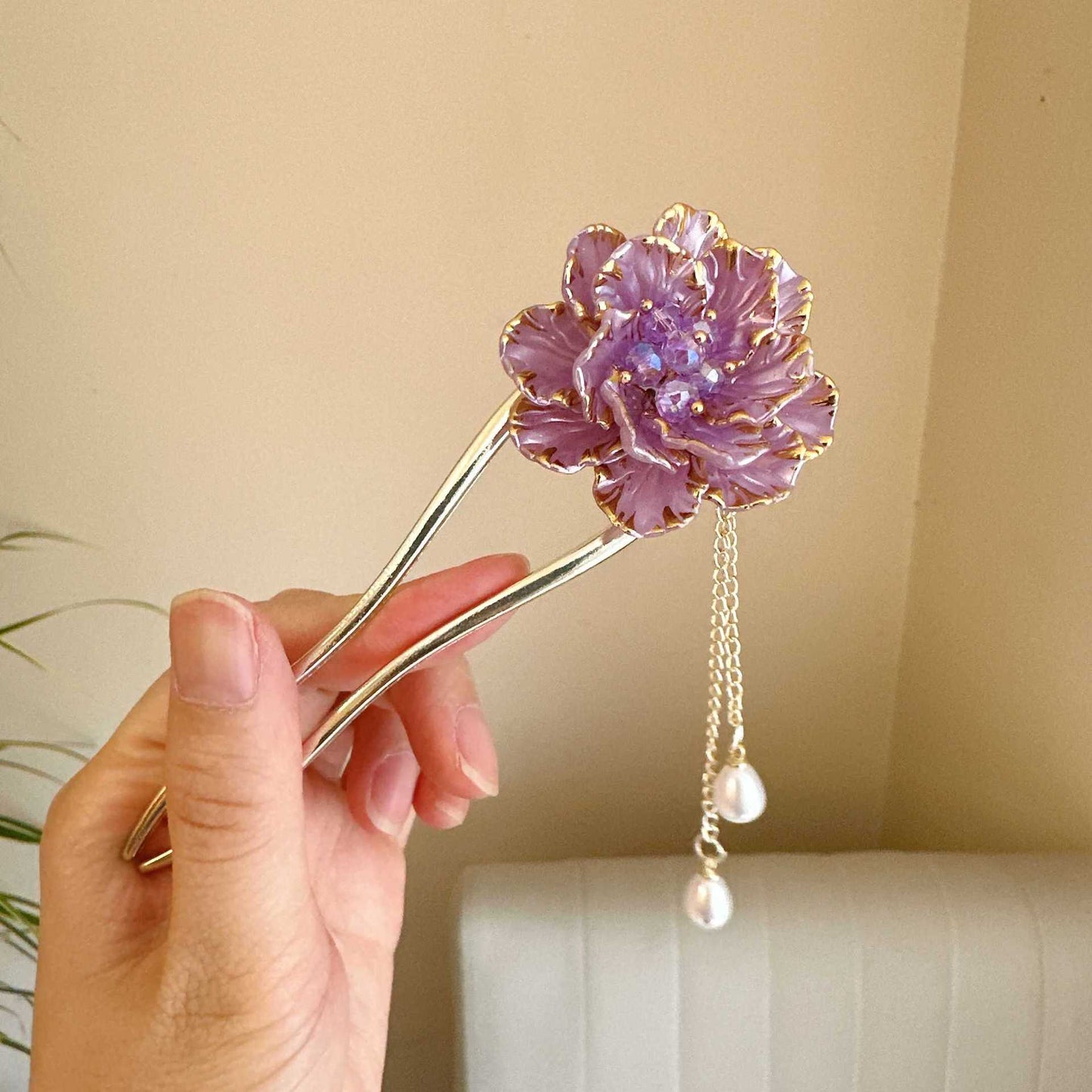 Female Retro Exquisite Peony Flower Tassel U-shaped Hairpin