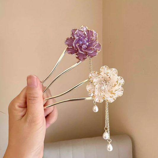 Female Retro Exquisite Peony Flower Tassel U-shaped Hairpin