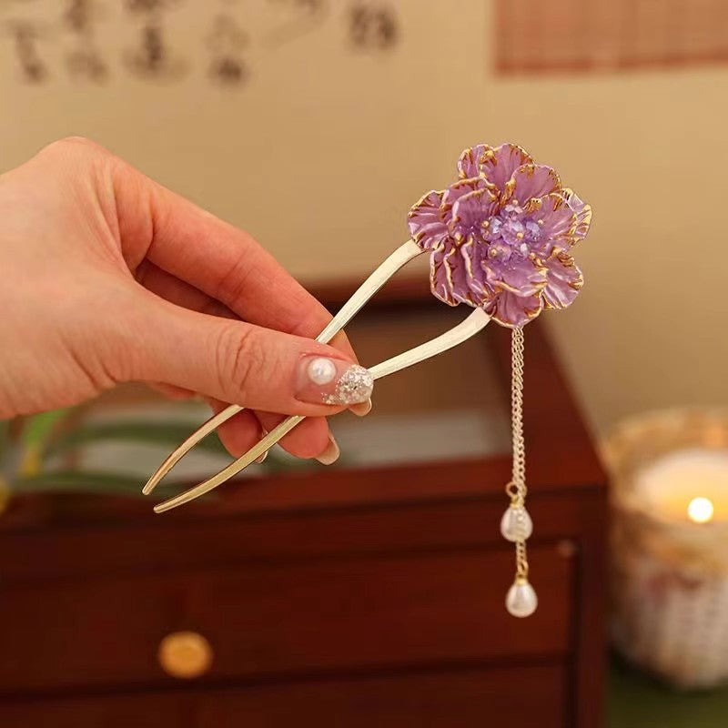 Female Retro Exquisite Peony Flower Tassel U-shaped Hairpin