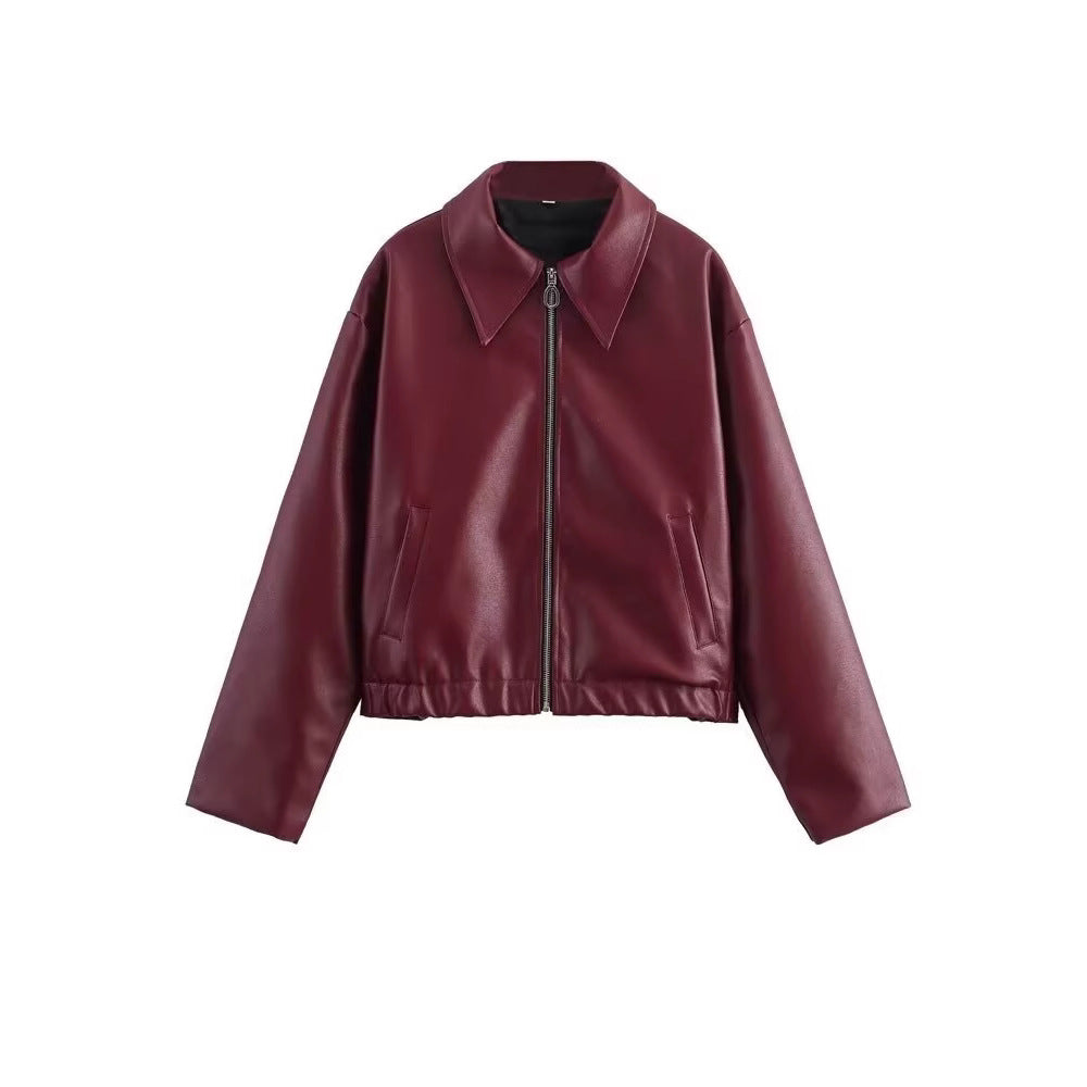 Women's Lapel Long Sleeve Leather Coat