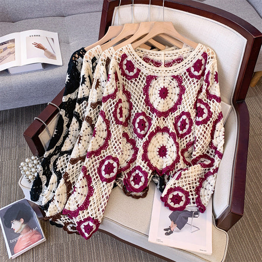 Ankela Red French Crocheted Hollow Sweater