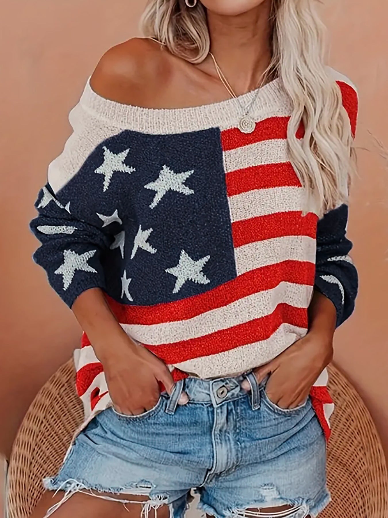 Sweater Women's Knitwear American Flag Long Sleeve Top