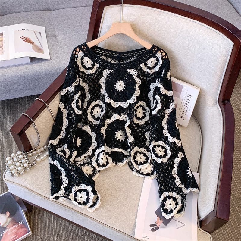 Ankela Red French Crocheted Hollow Sweater