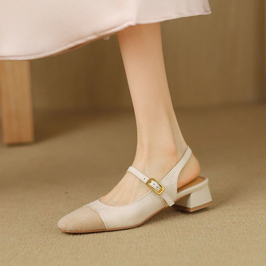 French Retro Color Matching Square Toe Back Empty Closed Toe Sandals