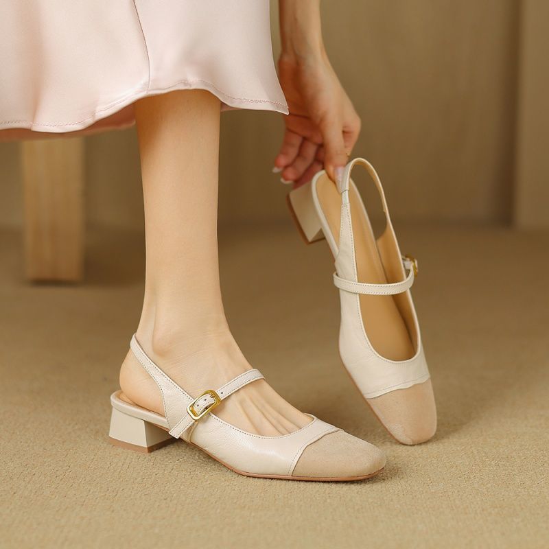 French Retro Color Matching Square Toe Back Empty Closed Toe Sandals