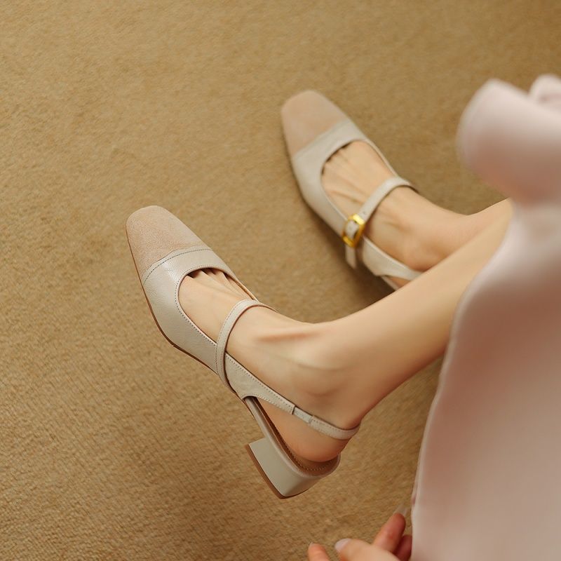 French Retro Color Matching Square Toe Back Empty Closed Toe Sandals