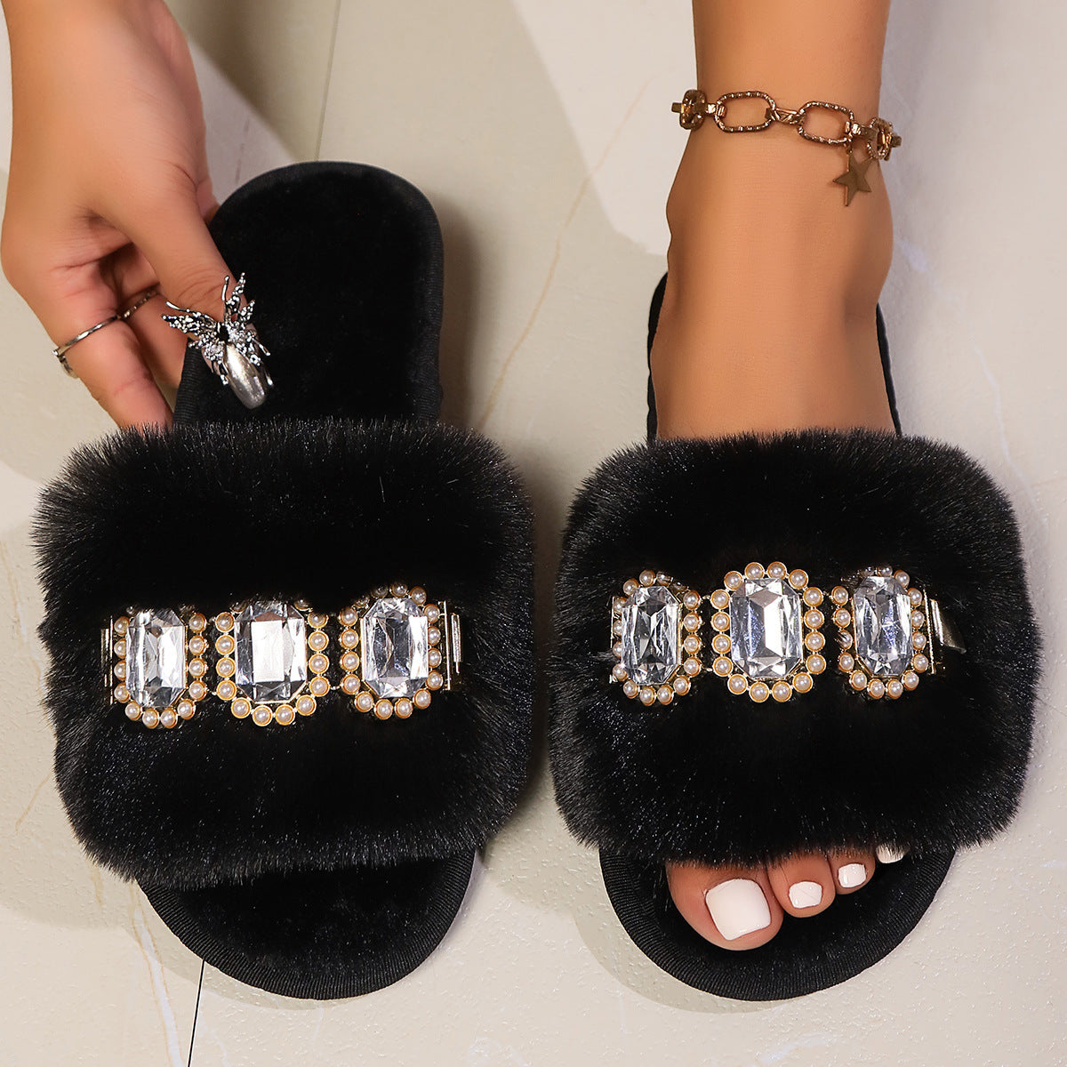 Pearl Rhinestone Chain Fluffy Slippers Women's Fashion Home Warm Flat Heel