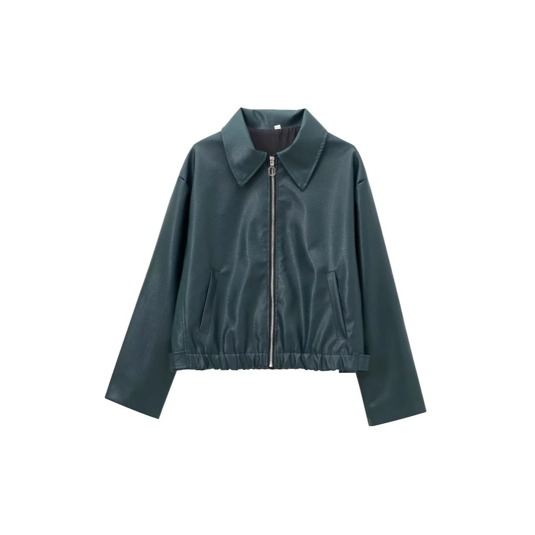 Women's Lapel Long Sleeve Leather Coat