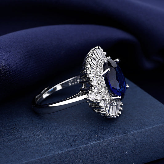 Sea Blue Heart Luxury Square Full Diamond Open Mouth Design Luxury Female Temperament Ring