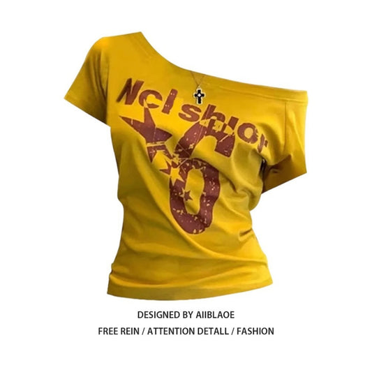 Oblique Shoulder Printed Short Sleeve Summer Slim-fit Crop-top