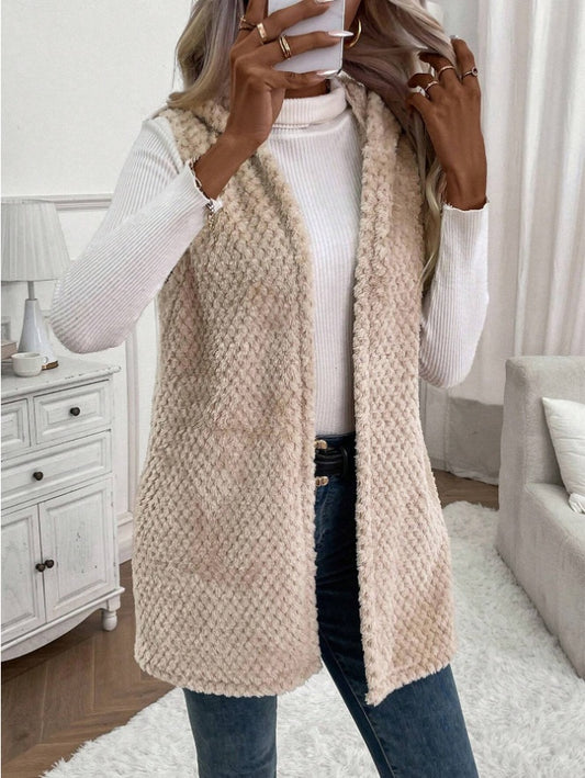 Open Front Hooded Plush Vest Coat
