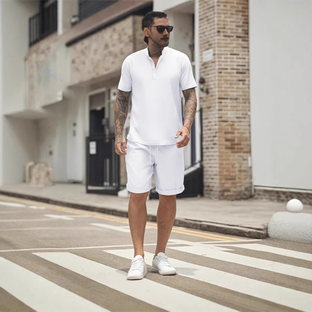 Men's Short Sleeve T-shirt Henley Shirt Casual Loose Suit