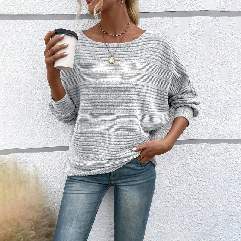 Women's Textured Round Neck Long Sleeve Top - Casual Solid Pullover For Spring & Fall