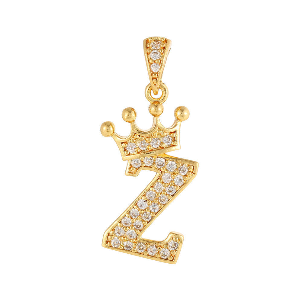 Gold Plated Copper Inlaid Zircon Crown 26 English Letters Full Diamond Pendant Parts