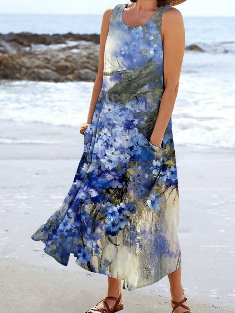Women's Landscape Floral Maxi Dress Slim Fit Casual Skirt