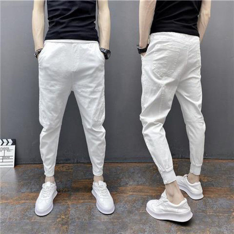Slim-fitting Ankle Length Trousers Solid Color Elastic Ankle-tied Harem Pants