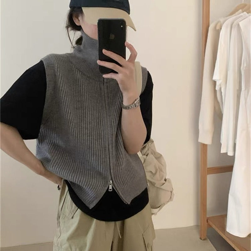 Simple Turtleneck Double Zipper Knitted Cardigan Vest