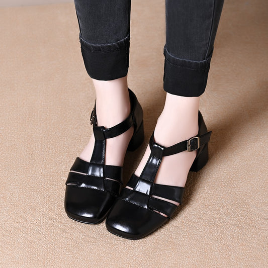 Hollow Retro Strap All-matching Chunky Heel Sandals