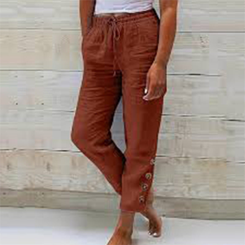 Autumn Solid Color Cotton Linen Straight Casual Button Trousers For Women
