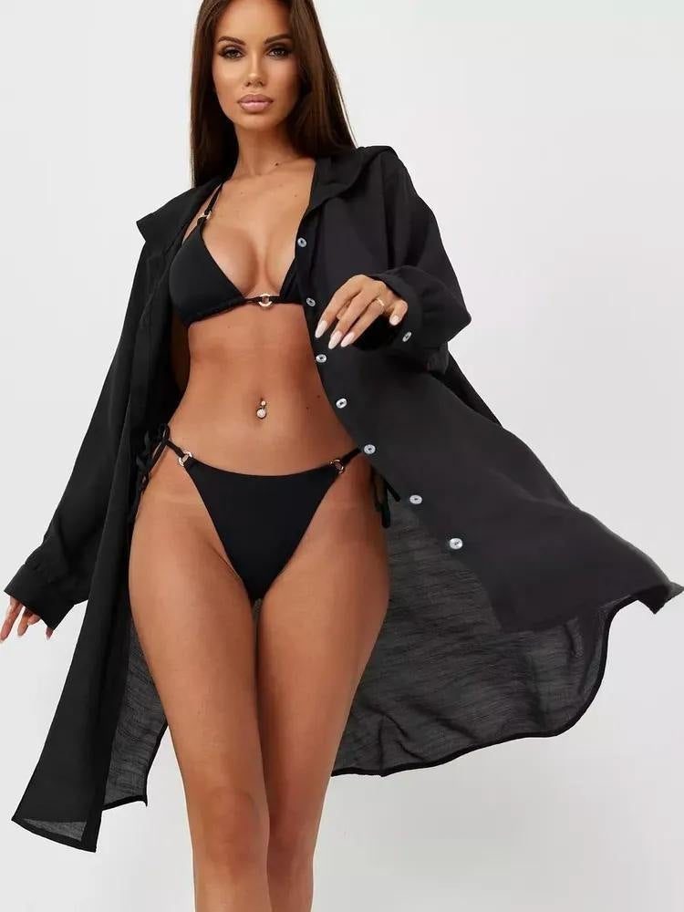 European And American Beach Jacket Women's Casual Vacation Solid Color Cardigan Bikini Swimsuit Blouse
