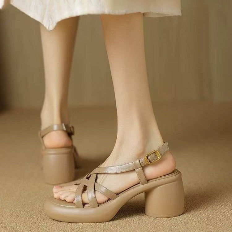 Retro Soft Leather High Heel Sandals For Women Platform Open Toe