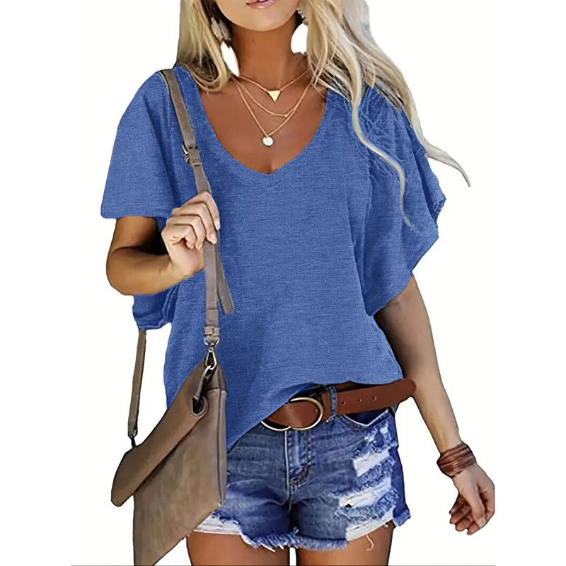 Women's Solid Color V-Neck Short Sleeve T-Shirt - Basic Summer Casual Top