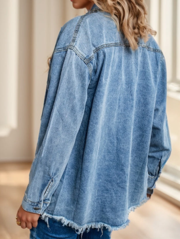 Women'S Distressed Denim Shirt With Raw Hem