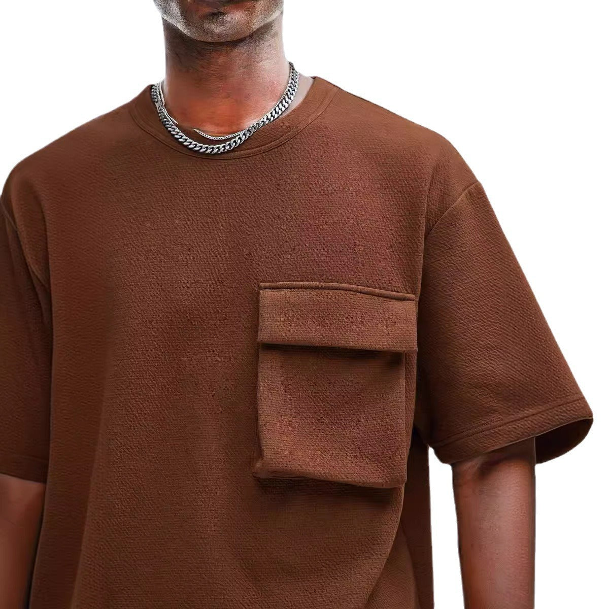 Men's Patch Pocket Champray Crew Neck Casual Loose 5-point Sleeve Top