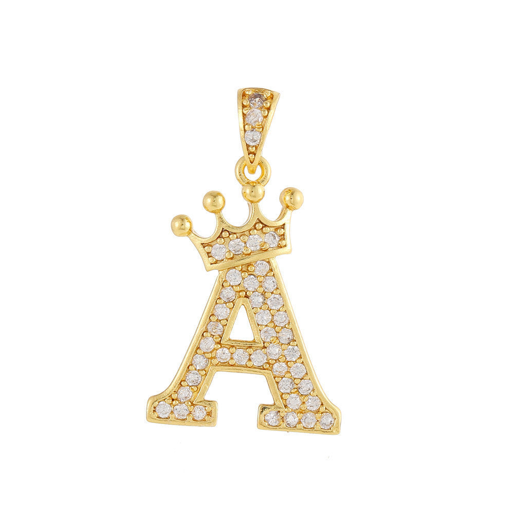 Gold Plated Copper Inlaid Zircon Crown 26 English Letters Full Diamond Pendant Parts