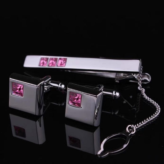 Men's Suit Shirt Rhinestone-encrusted Silver Cufflinks Tie Clip 3 Pieces Suit