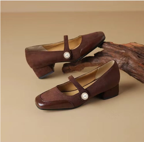 Women's Chunky Heel Suede Flat Low-cut Shoes