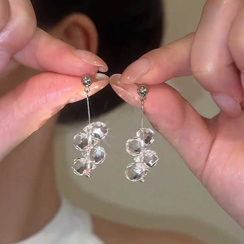 Silver Needle Simple Crystal Tassel Earrings Light