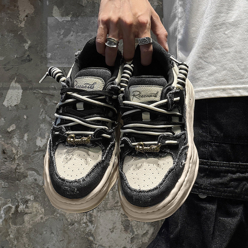 Washed And Dissolved Thick Bottom 7CM Invisible Height Increasing Insole Shoes Men's Sports Casual Borad Shoes