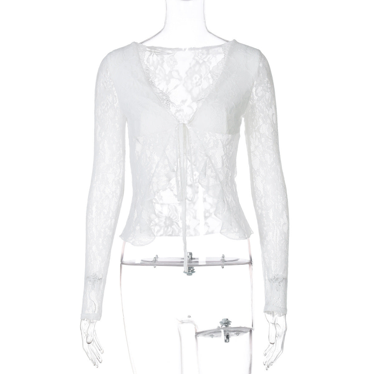 Sexy Lace See-through V-neck Cardigan Lace-up Long Sleeve Top