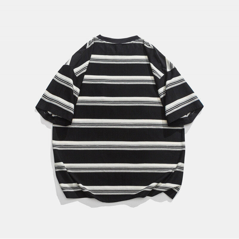 Casual Loose Striped Pocket Round Neck T-shirt