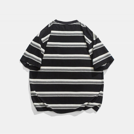 Casual Loose Striped Pocket Round Neck T-shirt