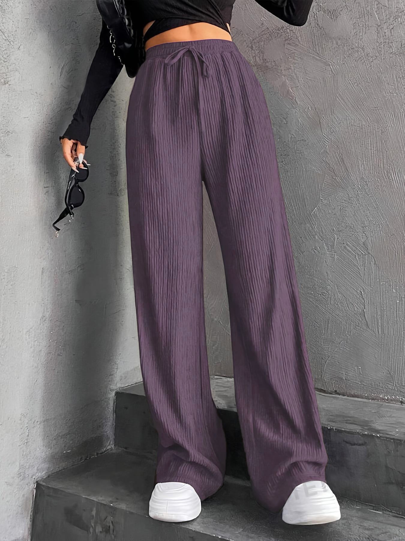 New Women's Elastic Waist Pinstripe Road Straight Wide Leg