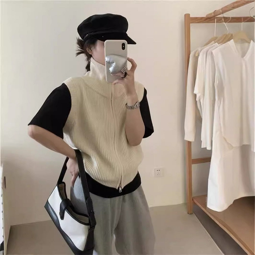 Simple Turtleneck Double Zipper Knitted Cardigan Vest
