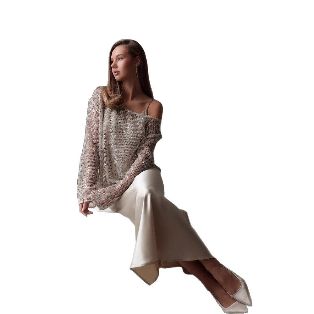 European And American Long Sleeve Hollow Loose Pullover Sequined Top Women's Clothing