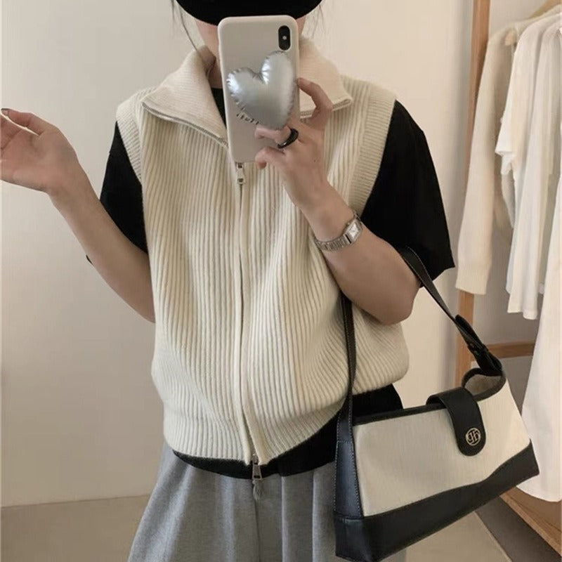 Simple Turtleneck Double Zipper Knitted Cardigan Vest